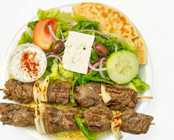 Order 6. Beef Souvlaki Plate food online from The Greek Cafe store, San Diego on bringmethat.com