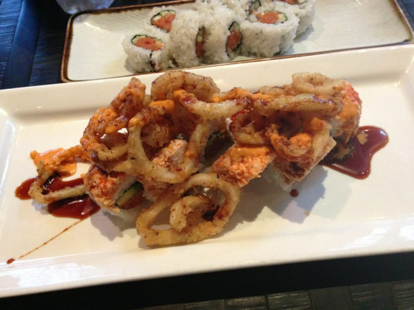 Order T22. Calamari Tempura Roll food online from Ami Sushi store, Westwood on bringmethat.com