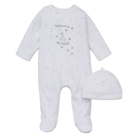 Order Little Me® Size 3M 2-Piece "Welcome to the World" Footie and Hat Set in White food online from Bed Bath & Beyond store, Lancaster on bringmethat.com