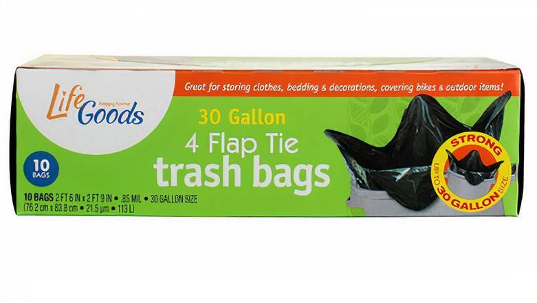 Order Life Goods Happy Home 30 Gallon 4 Flap Tie Trash Bags, 10 Count food online from Mac On 4th store, Alton on bringmethat.com