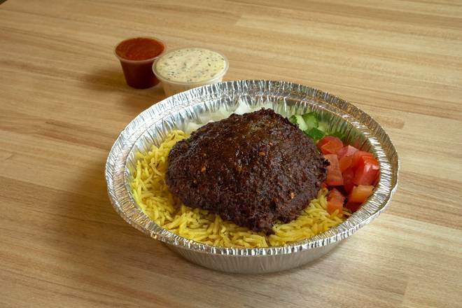 Order 12. Chapli Kabob Over Rice Platter food online from Gyro King store, Houston on bringmethat.com