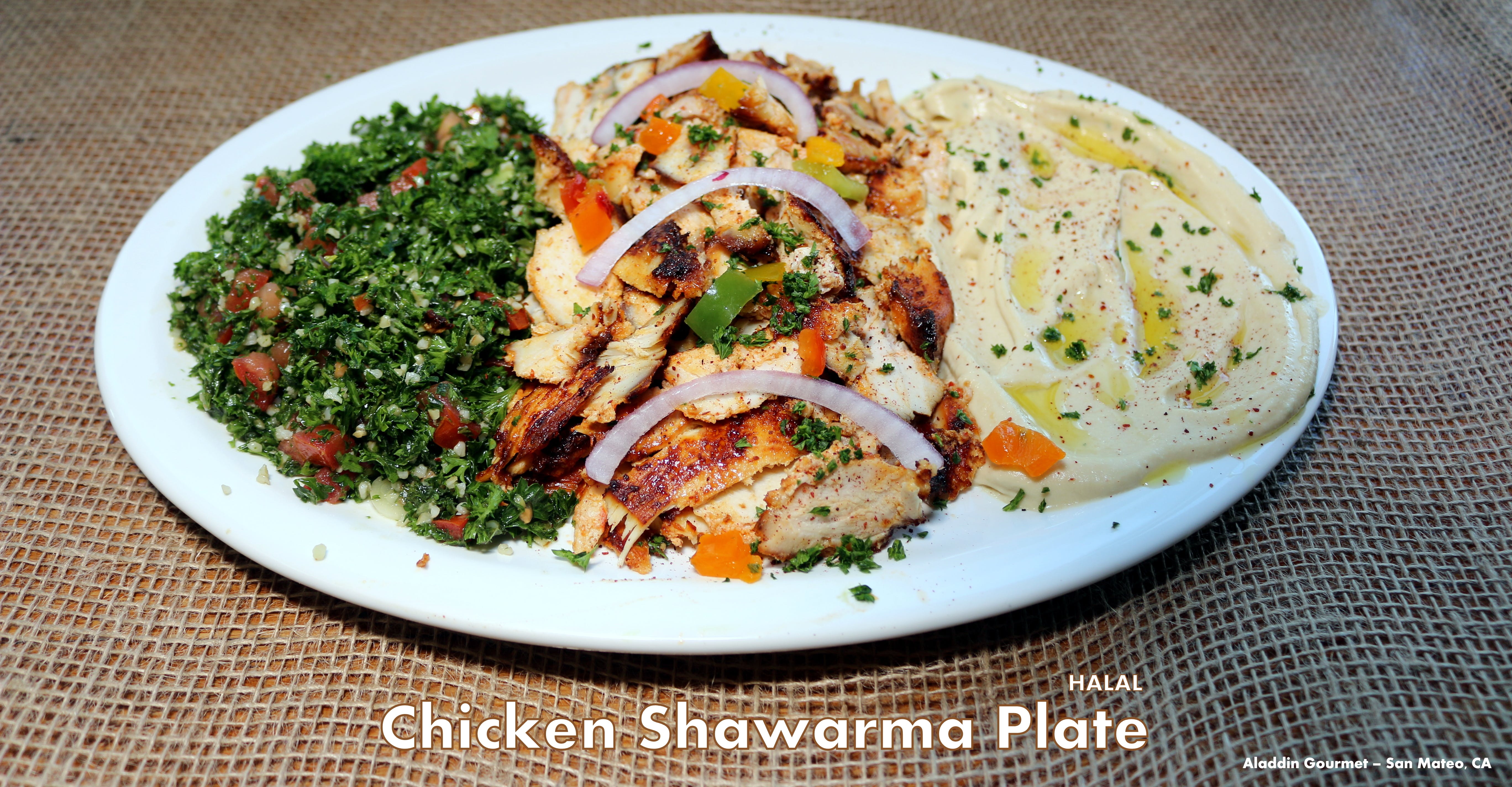 Order Chicken Shawerma Plate - Plate food online from Aladdin Gourmet International store, San Mateo on bringmethat.com