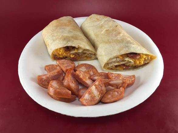 Order Portuguese Sausage Burrito food online from Michael's Burgers store, Canoga Park on bringmethat.com