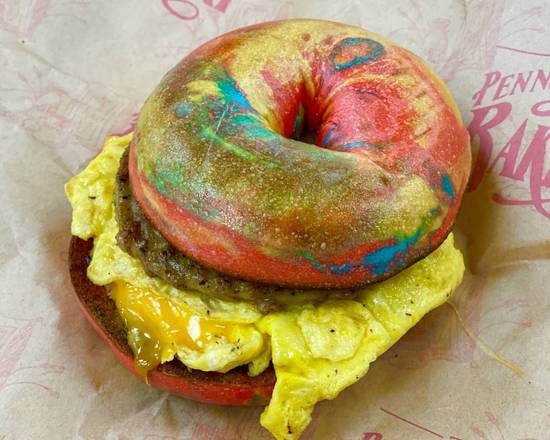 Order Rainbow Sausage, Egg, & Cheese Bagel Sandwich food online from The Pennsylvania Bakery store, Camp Hill on bringmethat.com