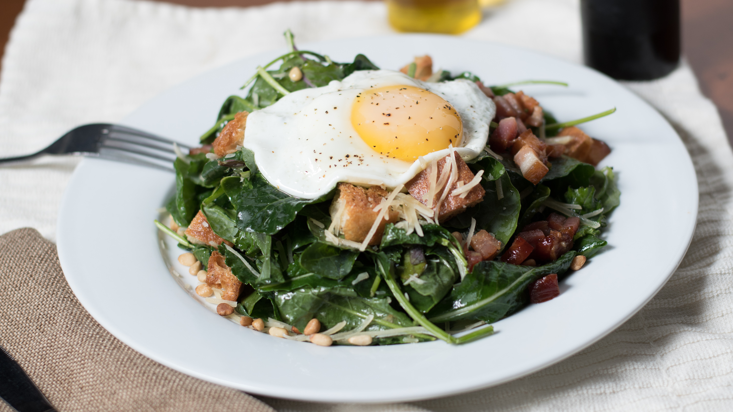 Order Kale Salad with Fried Eggs food online from Al Forno Caffe store, Costa Mesa on bringmethat.com