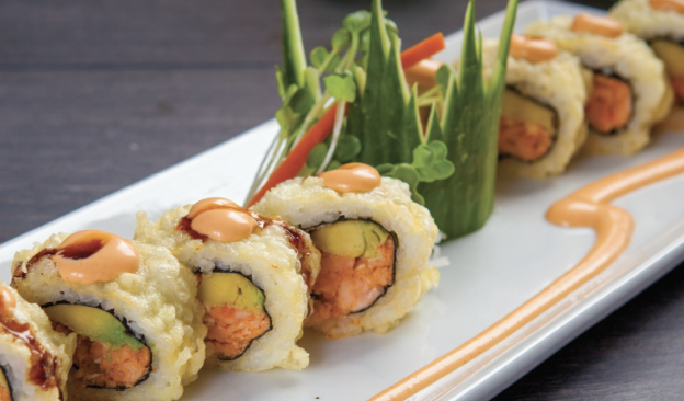 Order SPICY SALMON TEMPURA ROLL food online from Crazy Rockn Sushi store, Los Angeles on bringmethat.com