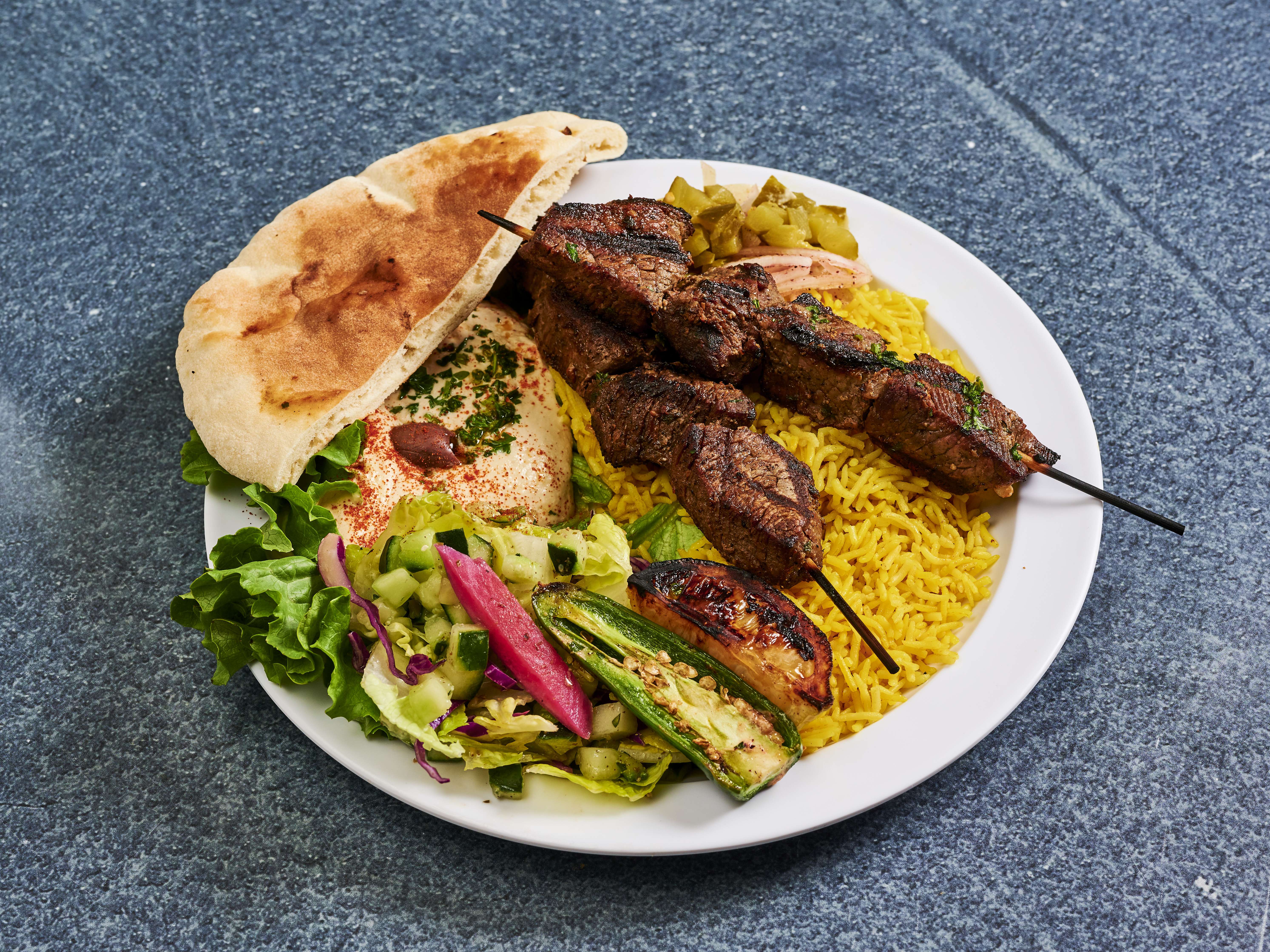 Order Beef Kabab Rice Plate food online from Falafel Tazah - Foster City store, San Mateo on bringmethat.com