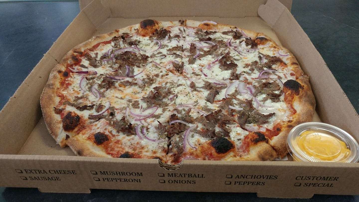 Order Philly Cheesesteak Pizza - Personal 10'' food online from Georgie Porgie Pudding & Pies store, Allentown on bringmethat.com