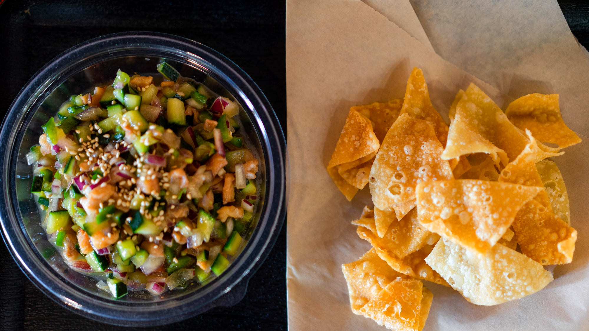 Order Large House Ceviche with Wonton Chips food online from Pokebowlz & Grill store, Ladera Ranch on bringmethat.com