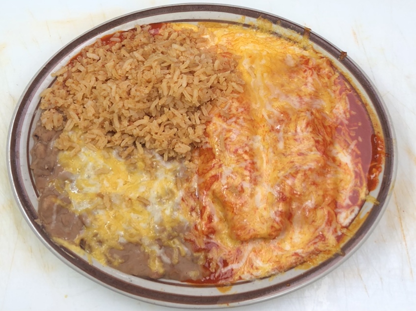 Order Two cheese Enchiladas, beans &Rice food online from Papis Tacos y Gorditas store, Paso Robles on bringmethat.com
