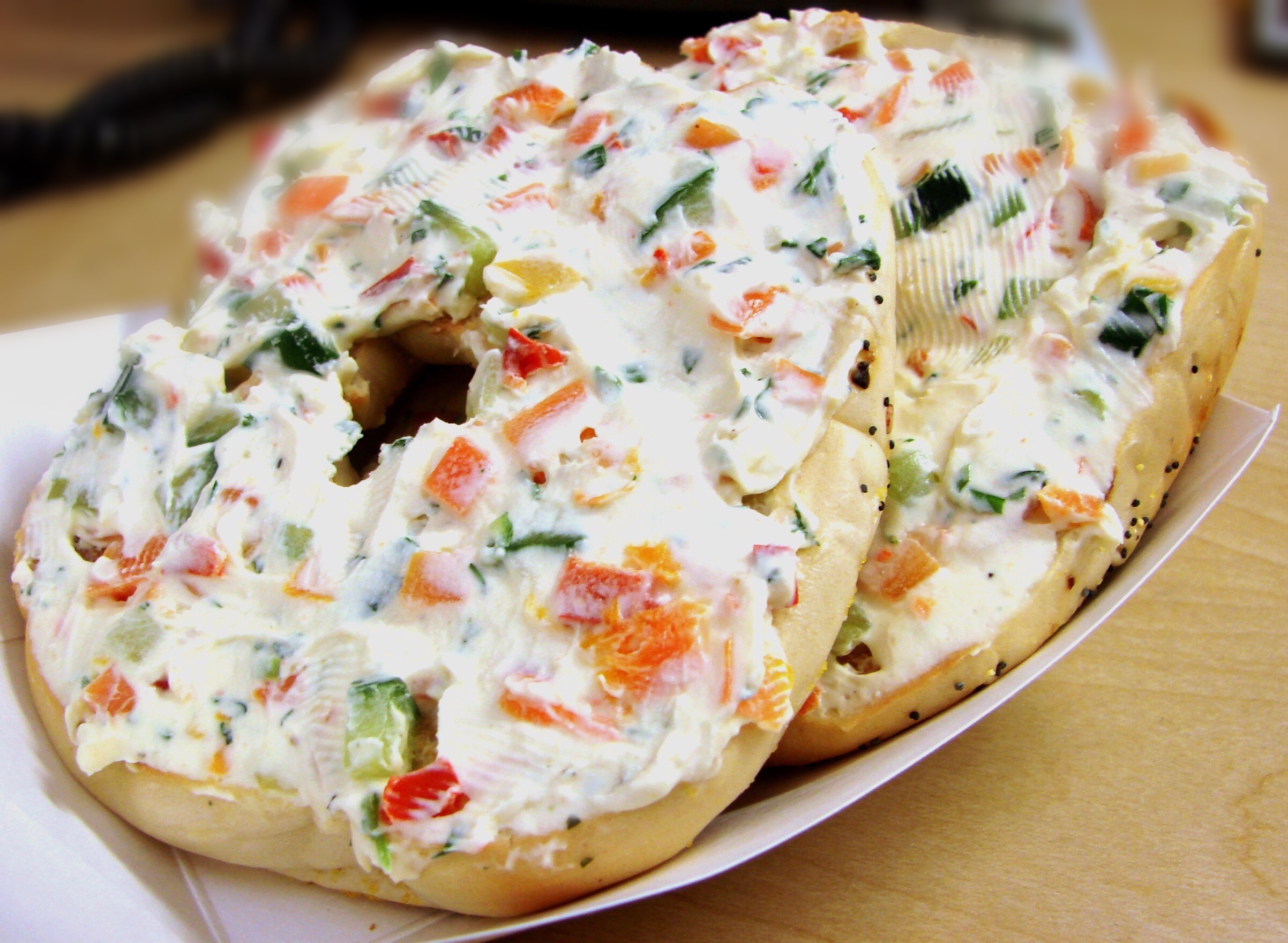 Order Bagel with Vegetable Cream Cheese food online from Six Corners Café store, North Bergen on bringmethat.com