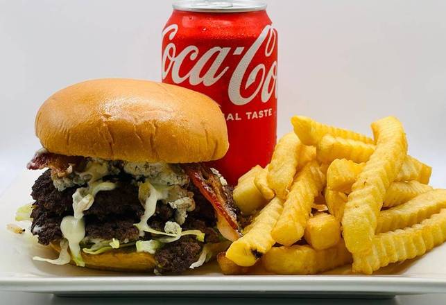 Order Blue Cheese Burger, Fries, & Drink food online from The burger cave store, North Las Vegas on bringmethat.com