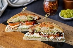 Order Burrata Caprese Sandwich food online from Bitcoin Pizza store, Santa Barbara on bringmethat.com