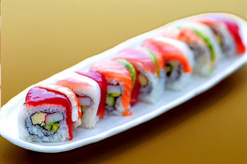 Order Rainbow Roll food online from Samurai Japanese Steak House store, Huntington on bringmethat.com