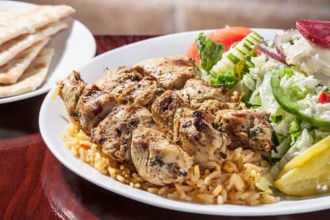 Order Chicken Skewers with Rice & Greek Salad Dinner food online from Little Greek store, Westchase on bringmethat.com