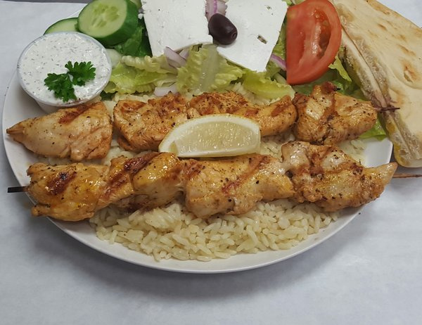 Order 3. Chicken Souvlaki Plate food online from The Greek Cafe store, San Diego on bringmethat.com