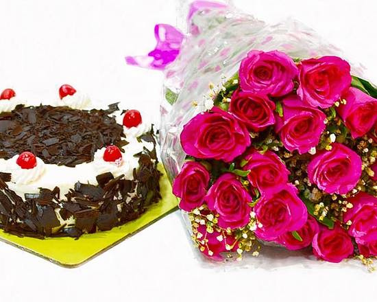 Order SLICE Birthday Cake Combo & 12 Big Long Stem Red Roses food online from 800 Rose Big Florist Gifts & Desserts store, Newport Beach on bringmethat.com