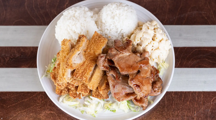 Order C2. BBQ Beef and Chicken Katsu Combo Plate food online from Halo Hawaiian Bbq & Poke Bar store, Halethorpe on bringmethat.com