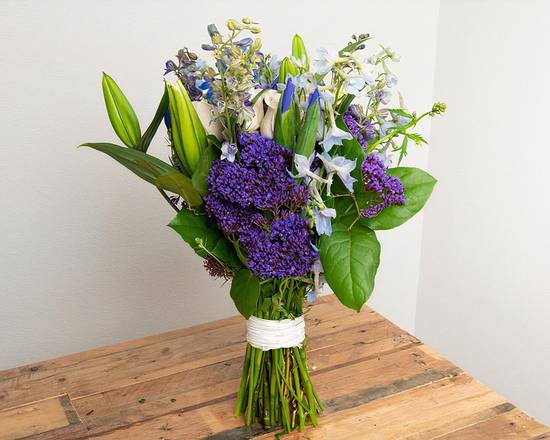 Order White, Blue, Purple Wrapped Bouquet food online from @Flowers Encinitas store, Encinitas on bringmethat.com