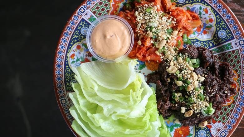 Order Korean “BBQ” Beef Short Ribs Lettuce Wraps food online from World Street Kitchen store, Minneapolis on bringmethat.com