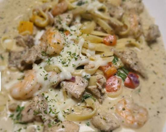 Order Chicken and Shrimp Alfredo food online from Sanche Eatery store, Rex on bringmethat.com