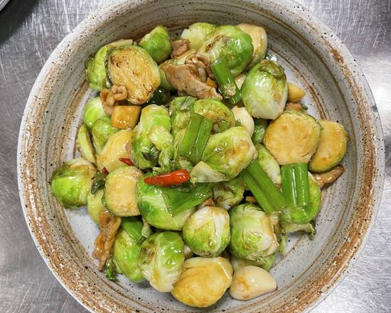 Order Brussel Sprouts With Pork And Red Chill 干鍋小包菜 food online from Dongpo Restaurant store, Arcadia on bringmethat.com