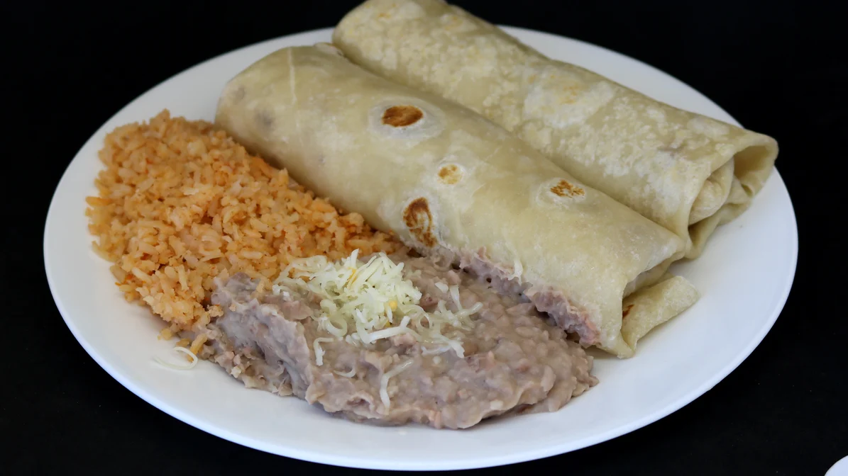 Order #7. Two Beef Burritos Combination Plate food online from Albertaco store, San Bernardino on bringmethat.com