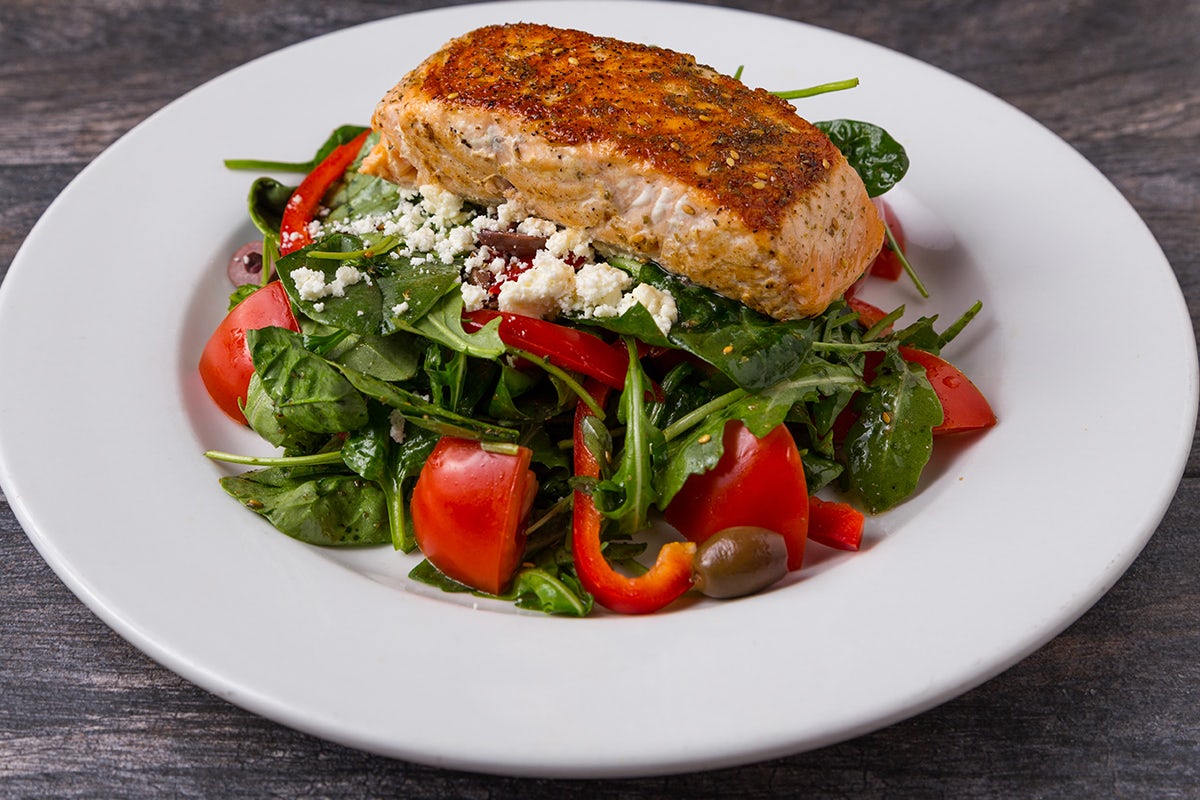 Order Za'atar-Dusted Wood-Fired Norwegian Salmon* Salad food online from Pita Jungle store, Tempe on bringmethat.com