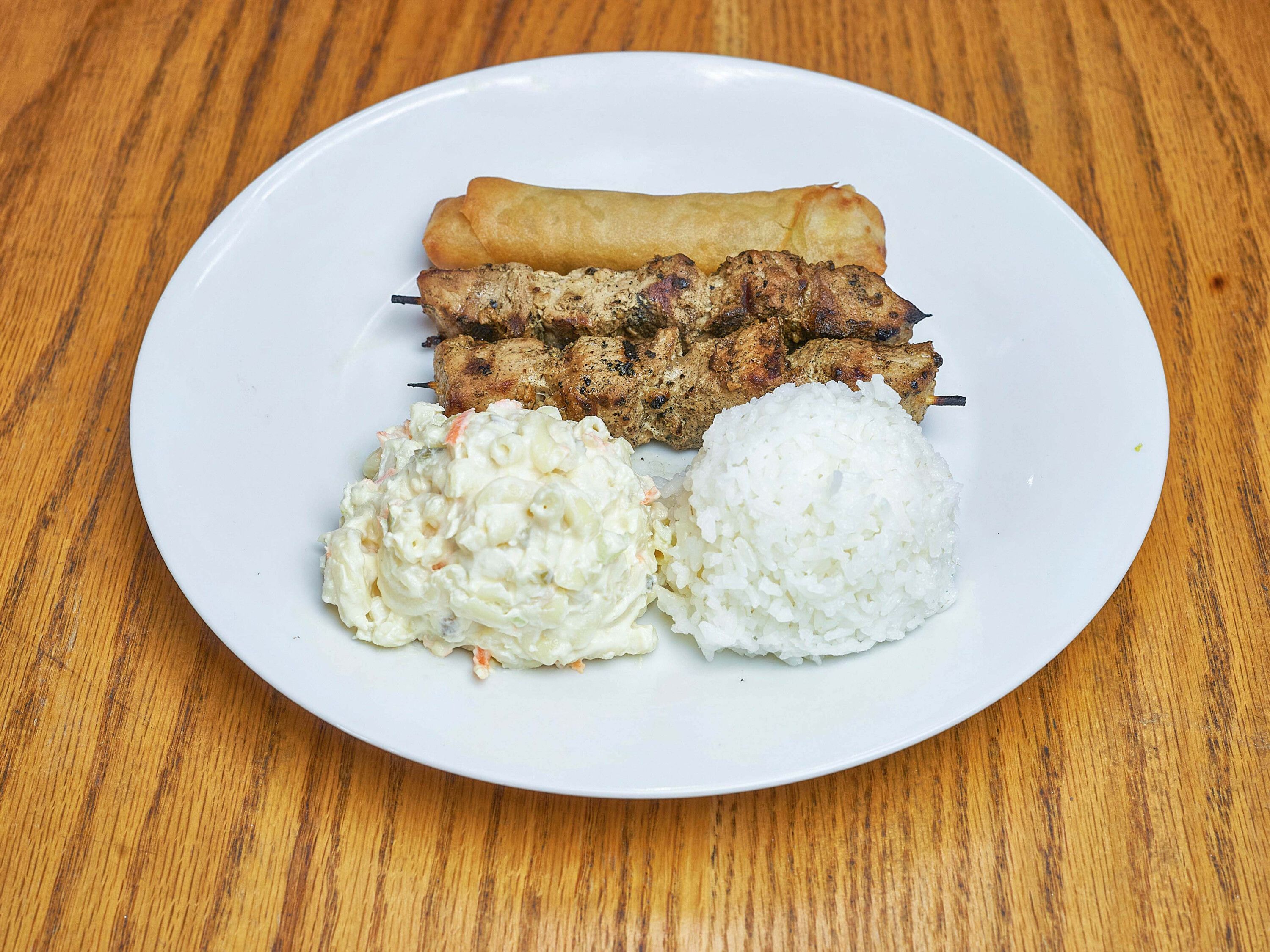 Order Marinated Pork Kabobs Plate Combo food online from Kealoha Kitchen store, Covington on bringmethat.com