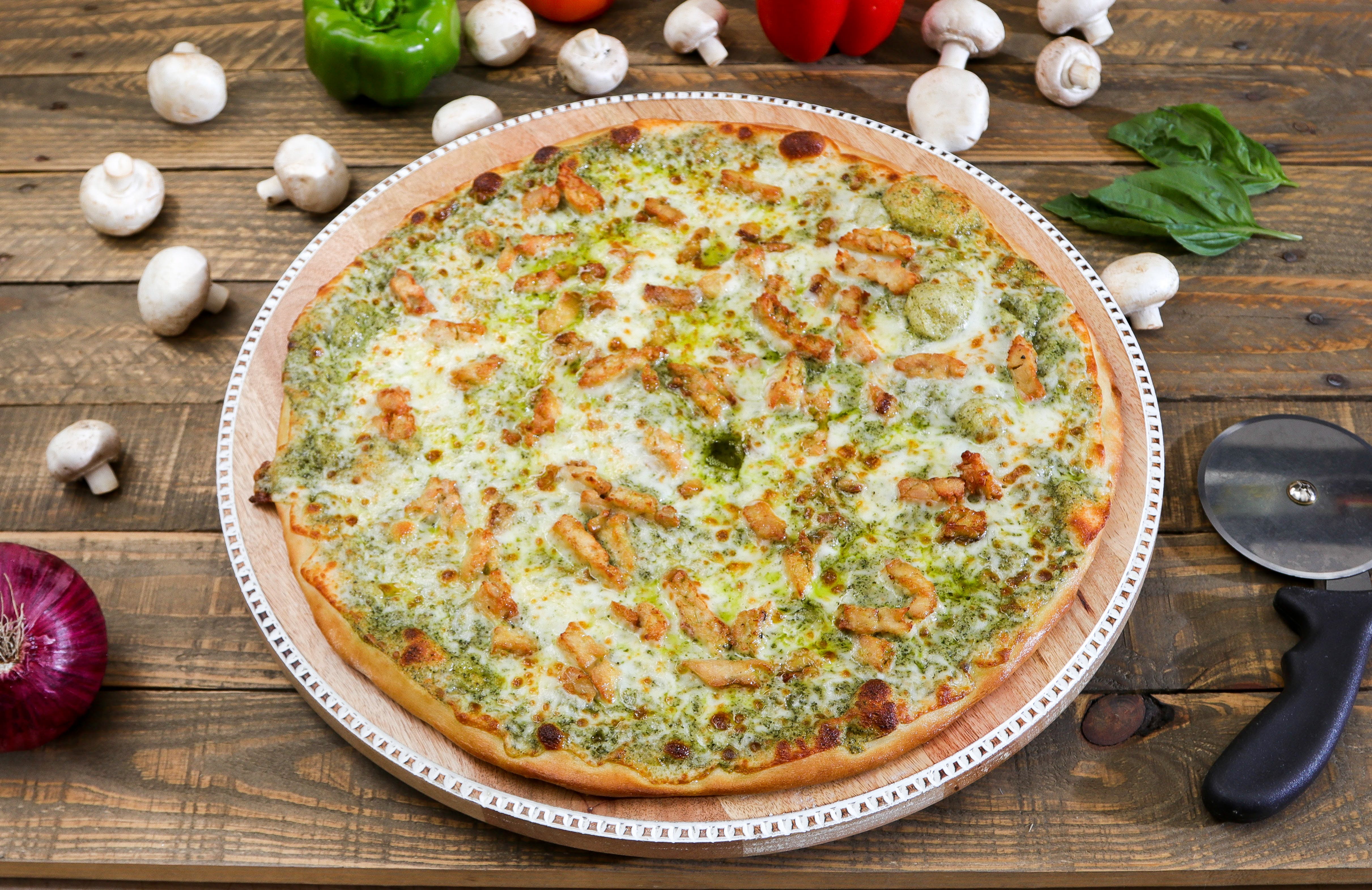 Order Chicken Pesto Pizza - Personal 7" food online from Ameci Pizza & Pasta store, Westlake Village on bringmethat.com