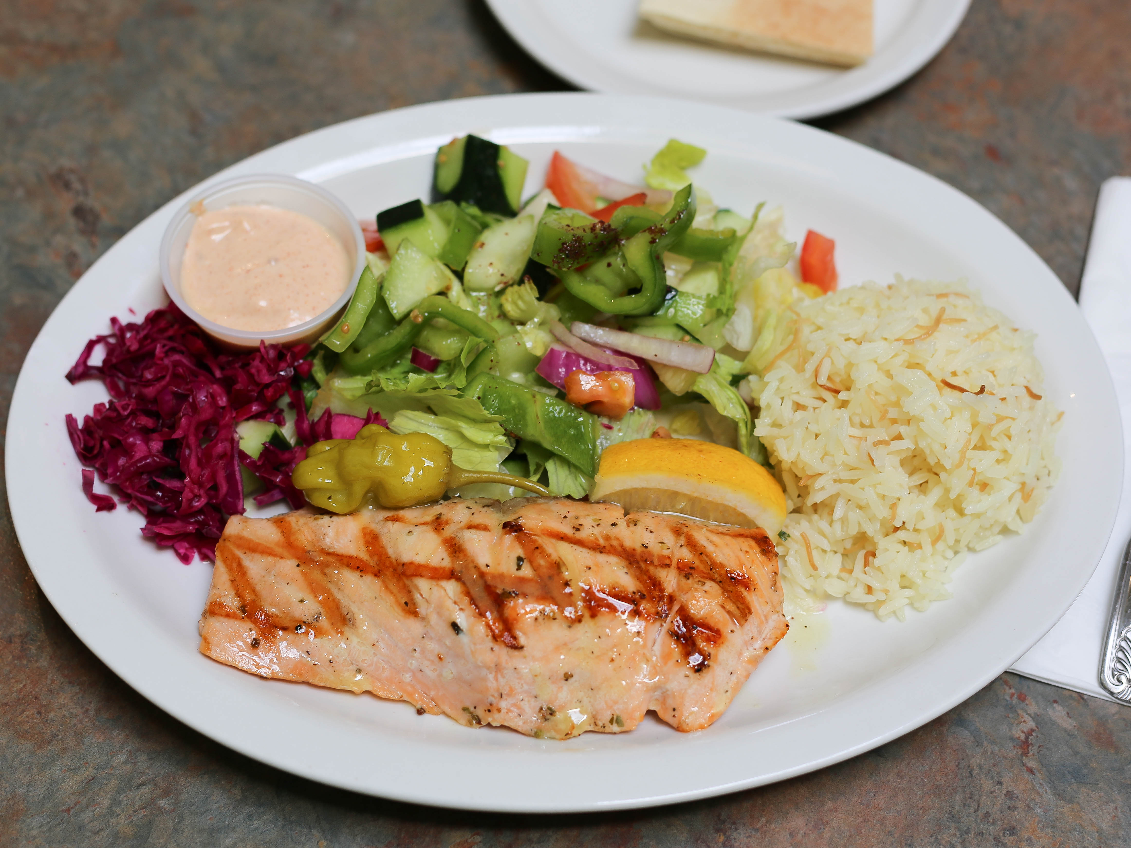 Order Grilled Seafood Salmon Plate food online from Mediterranean Kebab store, Burlingame on bringmethat.com