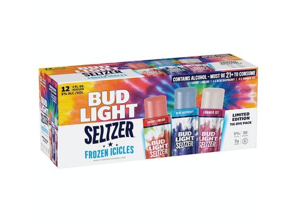 Order Bud Light Seltzer® Frozen Icicles Cherry Limeade, Blue Raspberry & Summer Ice Tie Dye Variety Pack - 12x 2oz Pouches food online from Kirby Food & Liquor store, Champaign on bringmethat.com