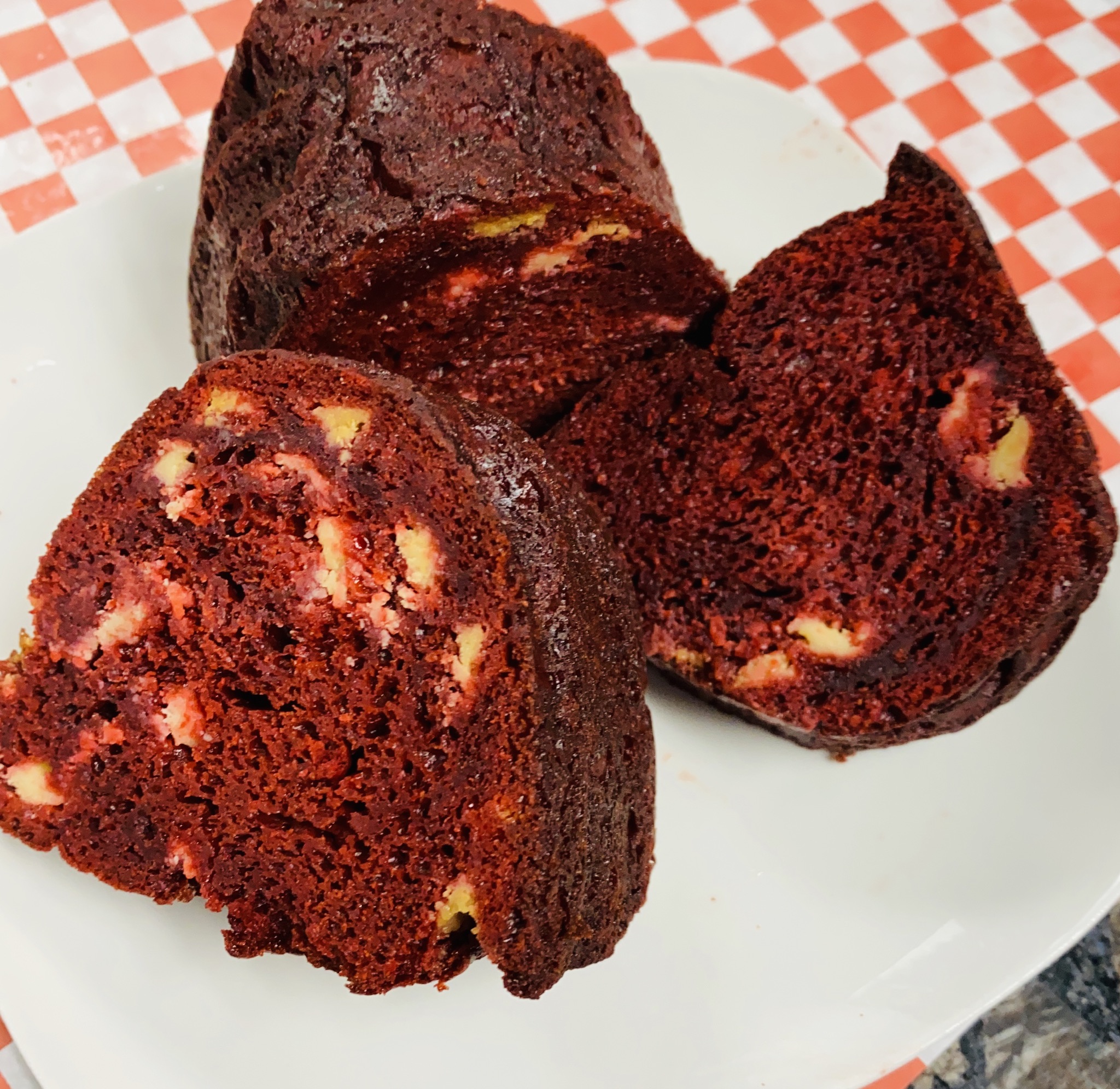 Order Red Velvet WC  Moist Bundt Cake food online from Ra Coffee Company store, Goose Creek on bringmethat.com