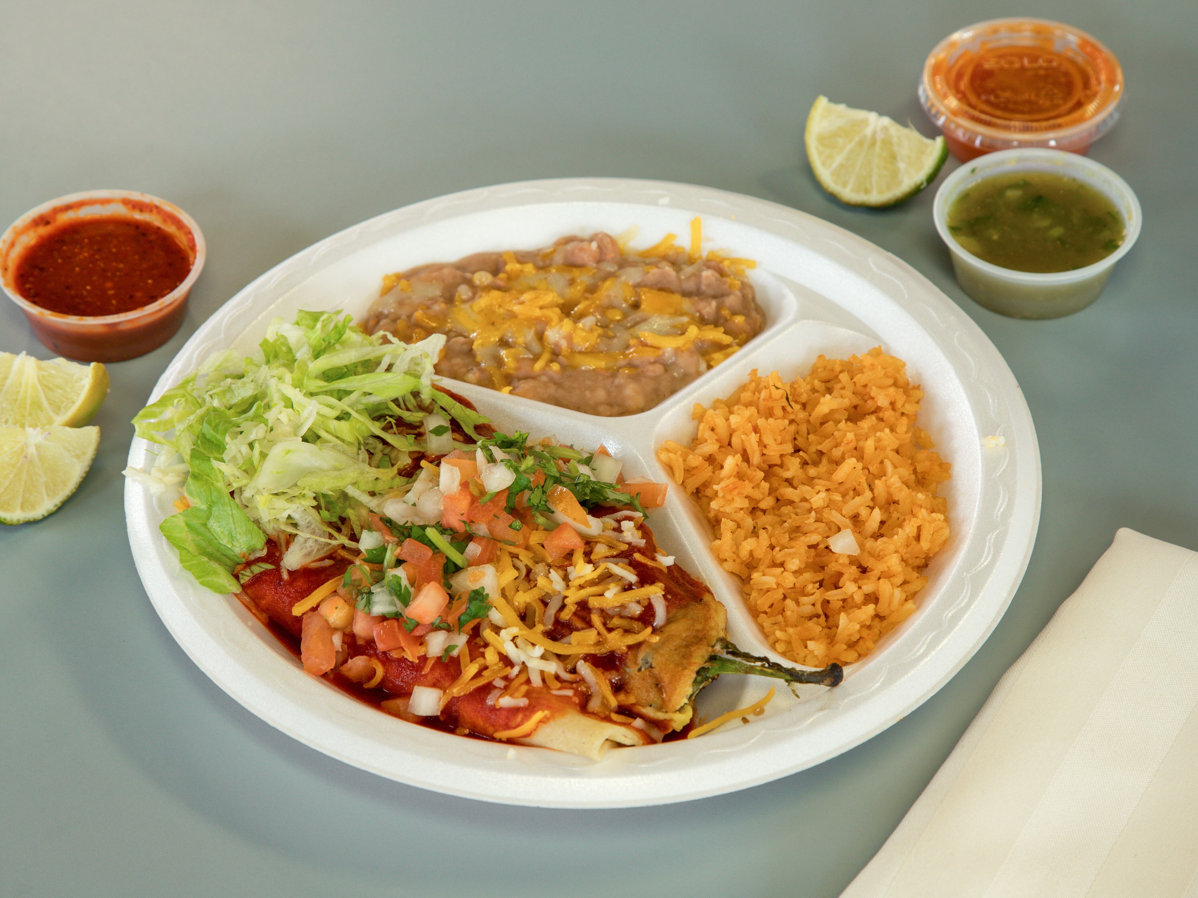 Order 2 Chiles Relleno Combo Plate (Includes small drink) food online from Aldertos Fresh Mexican Food store, Reno on bringmethat.com