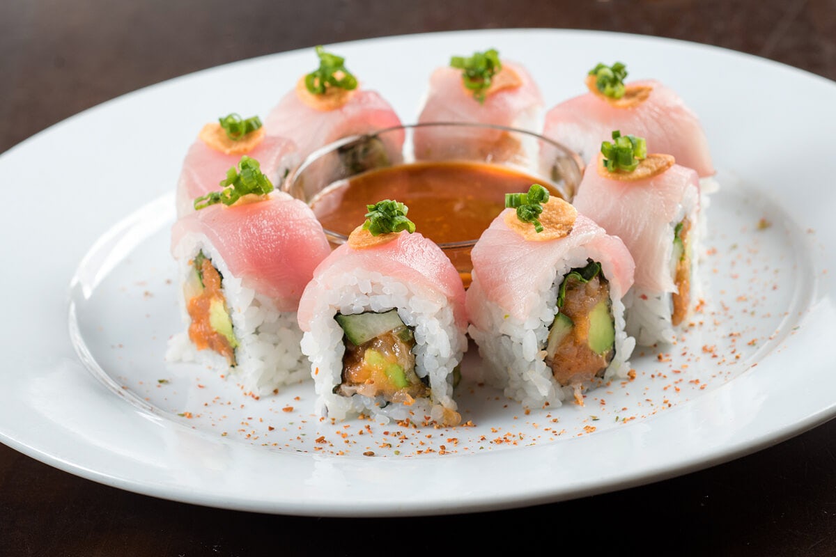 Order CHILI PONZU YELLOWTAIL ROLL* food online from RA Sushi store, Lombard on bringmethat.com
