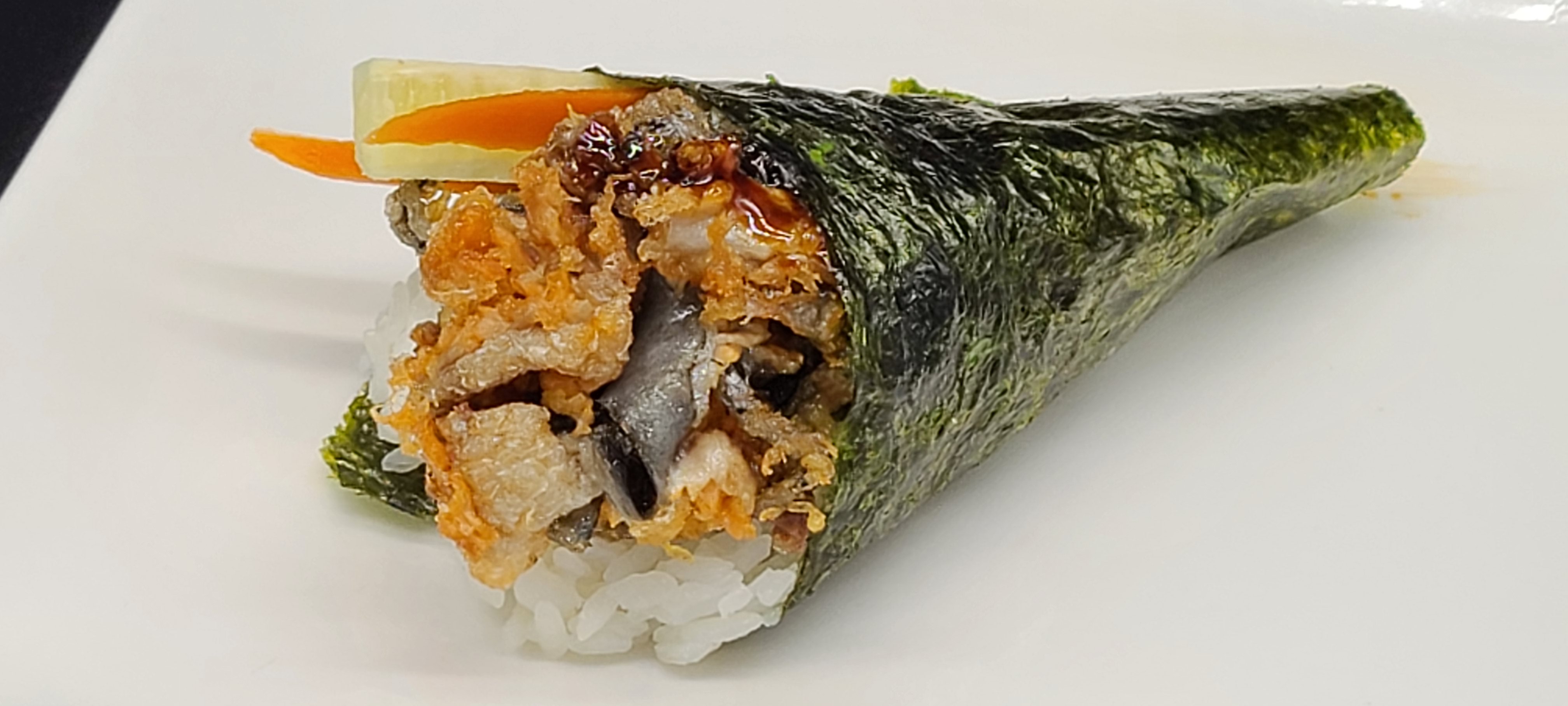Order H4. Salmon Skin Hand Roll food online from Hello Sushi store, Fullerton on bringmethat.com