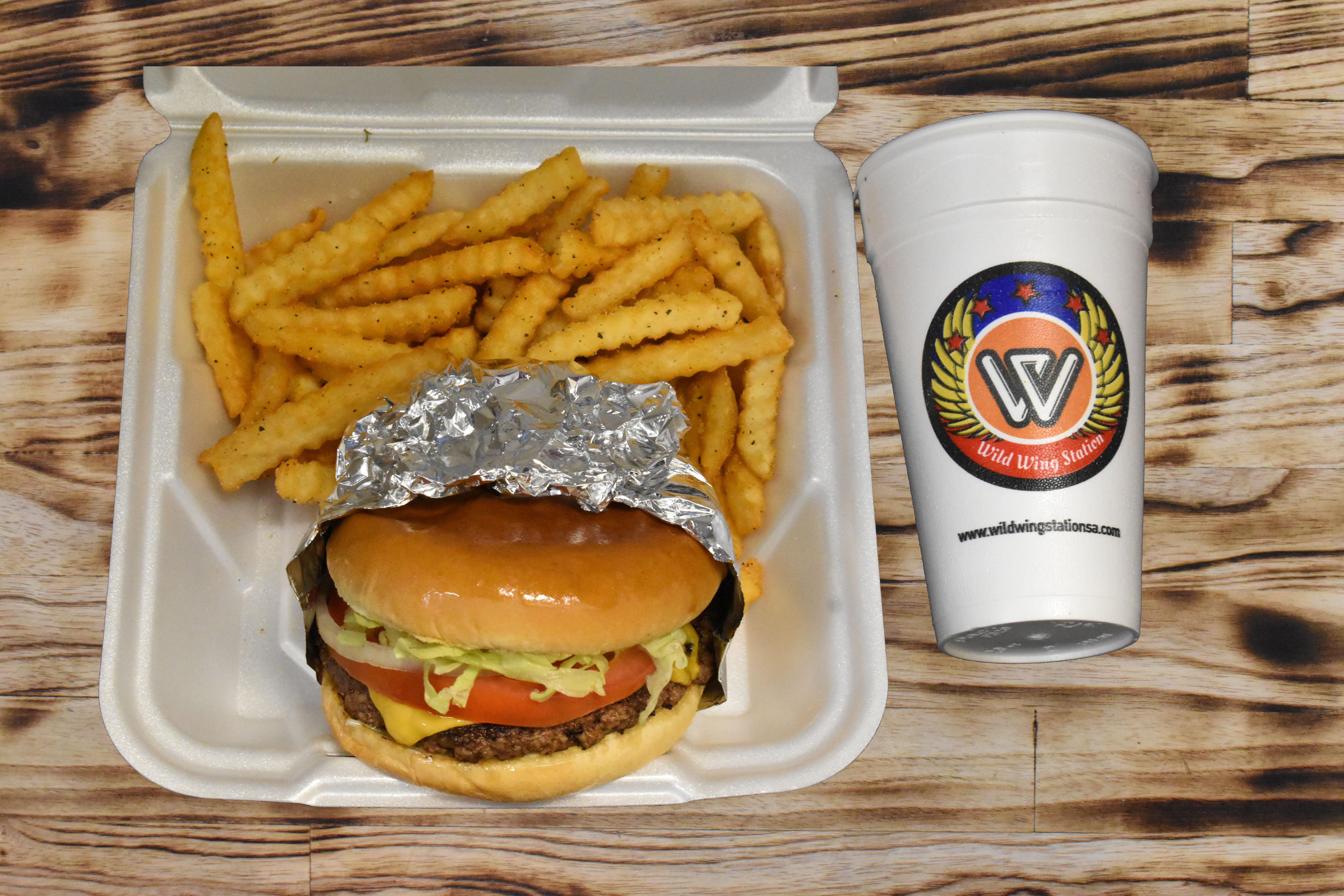 Order Burger with Fries and Drink food online from Wild Wing Station store, San Antonio on bringmethat.com
