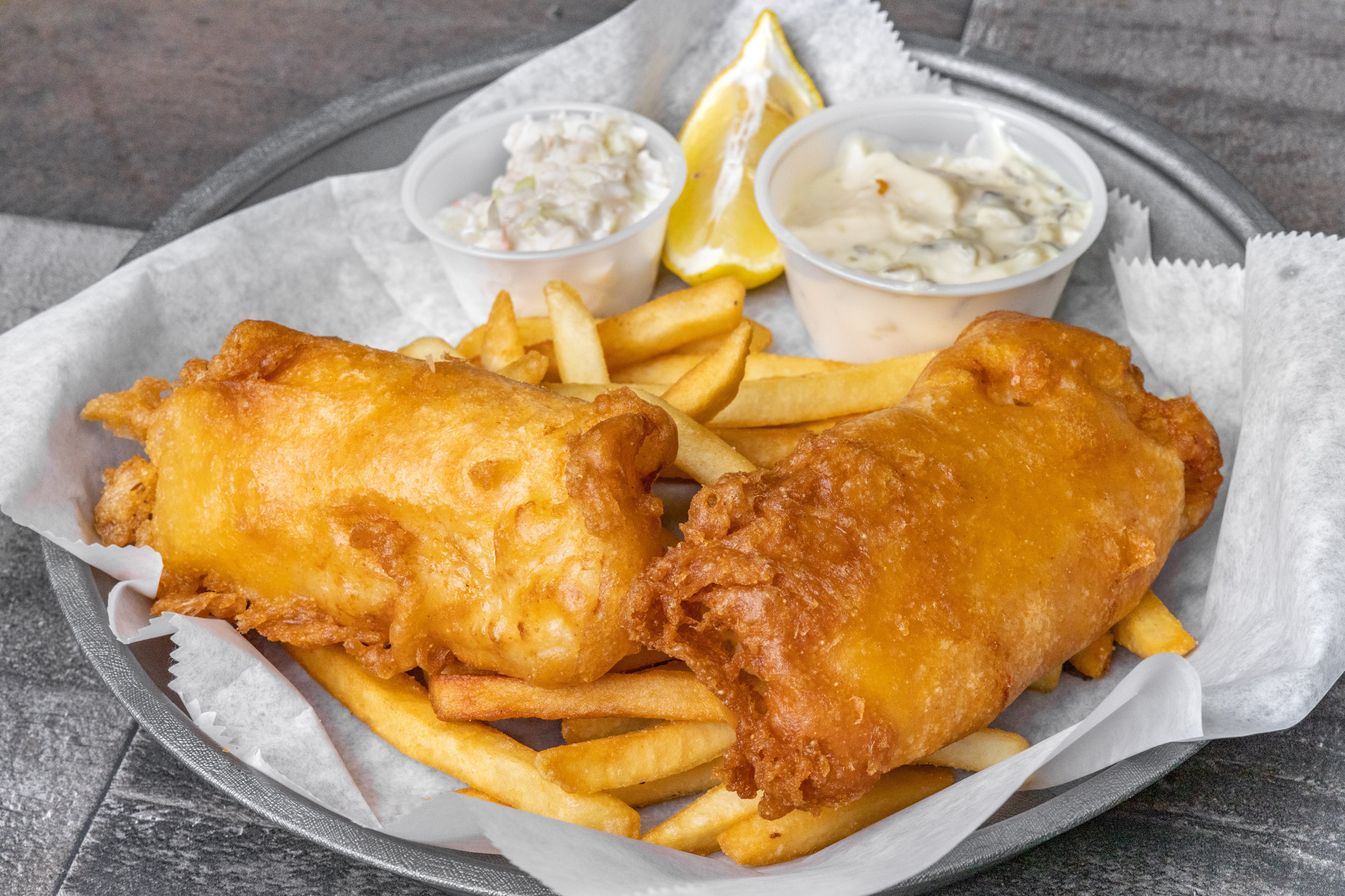 Order Fish & Chips - Entree food online from Jimmy's Pub store, East Lansing on bringmethat.com