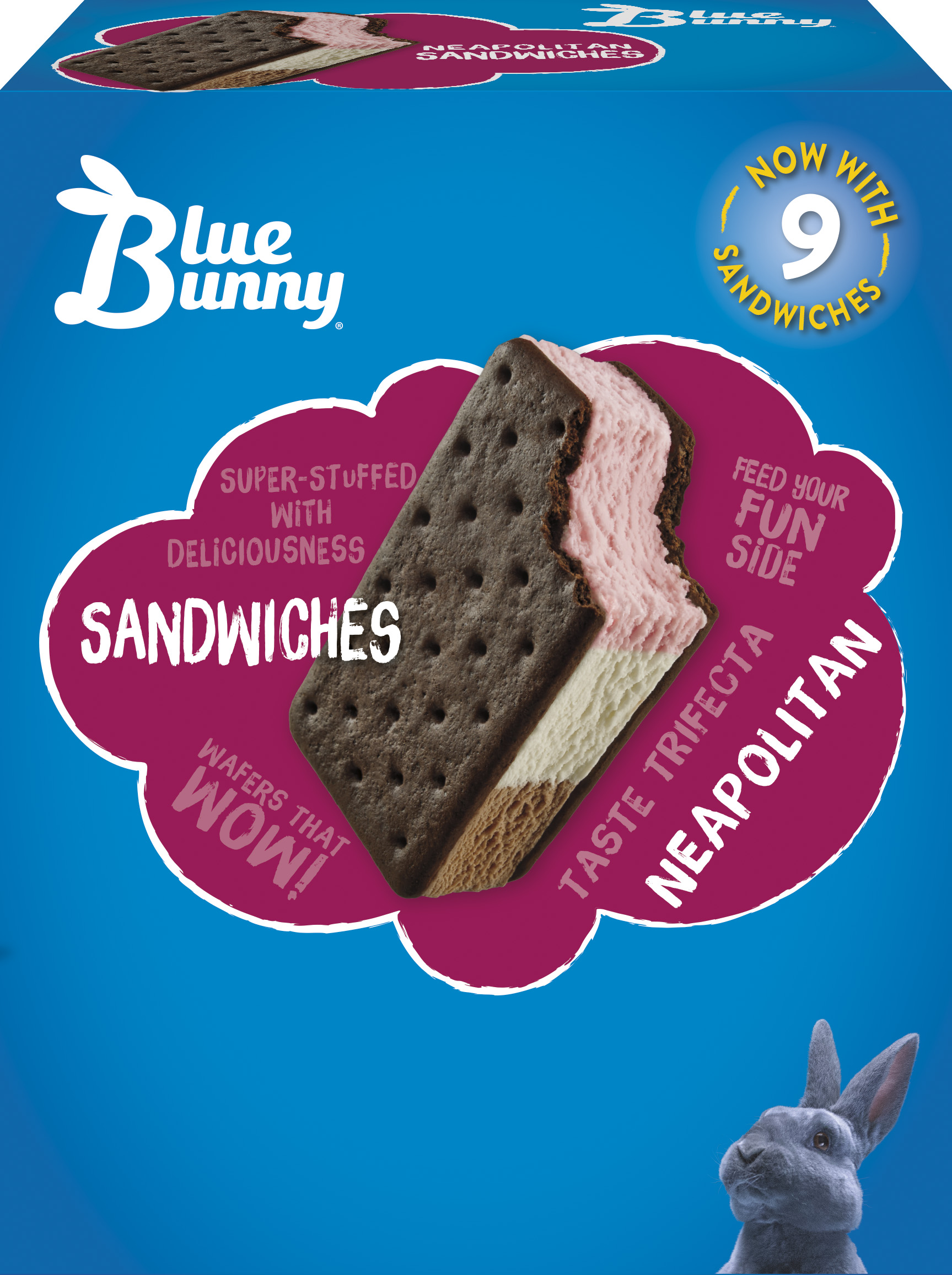 Order Blue Bunny Neapolitan Sandwich , 9pk food online from Chuck E. Cheese store, Paducah on bringmethat.com
