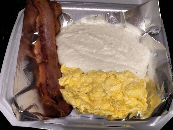 Order Three Strips of Bacon and Three Eggs with smoked Gouda  Grits food online from AGAPE KITCHEN & PRALINES store, Humble on bringmethat.com