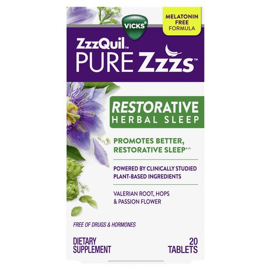Order ZzzQuil PURE Zzzs Restorative Herbal Sleep Aid Tablets Valerian Roots, Hops & Passion Flower (20 ct) food online from Rite Aid store, Palm Desert on bringmethat.com