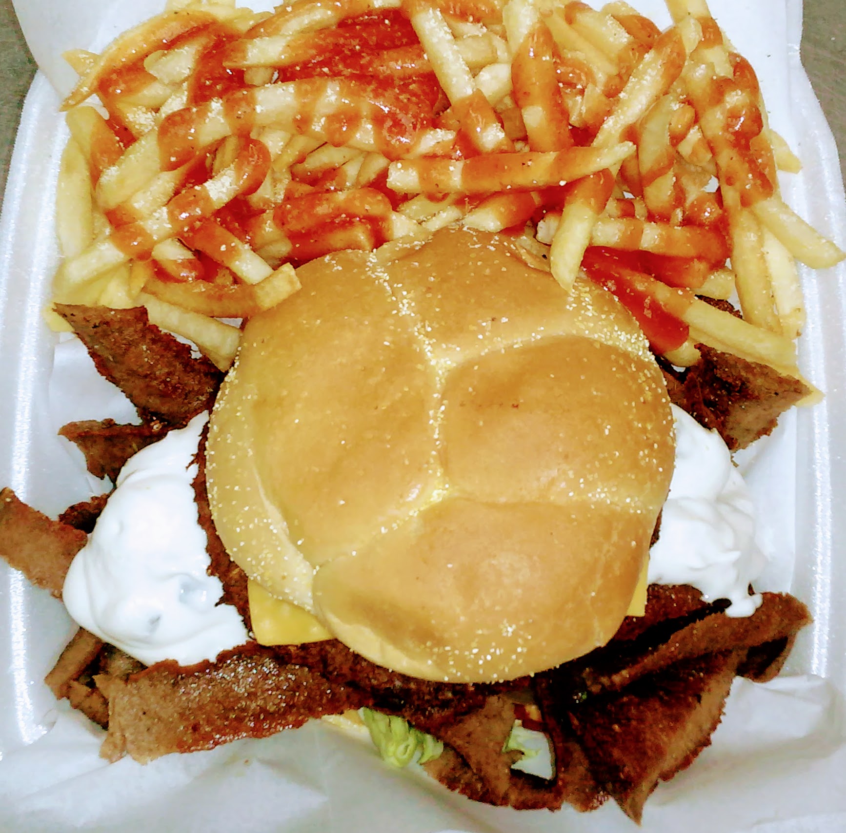 Order Gyro Cheese Burger Special food online from Nadia Fish & Chicken store, Chicago on bringmethat.com