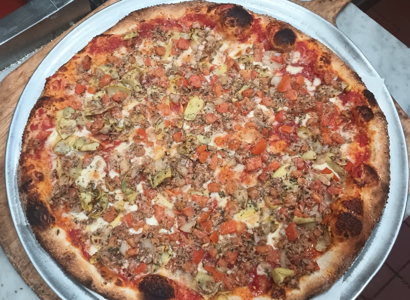 Order Tuna Bruschetta Pizza - Pizza food online from Ciccios Pizza store, Brooklyn on bringmethat.com