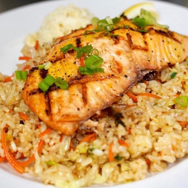 Order Grilled Salmon with Vegetable Fried Rice food online from Back Home in Lahaina store, Carson on bringmethat.com