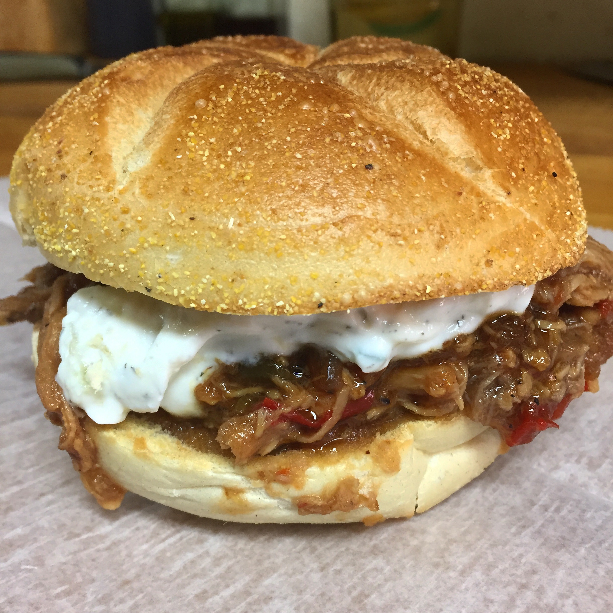 Order Spicy Mesquite Pulled Turkey Sandwich food online from D's Soul Full Cafe store, Hoboken on bringmethat.com