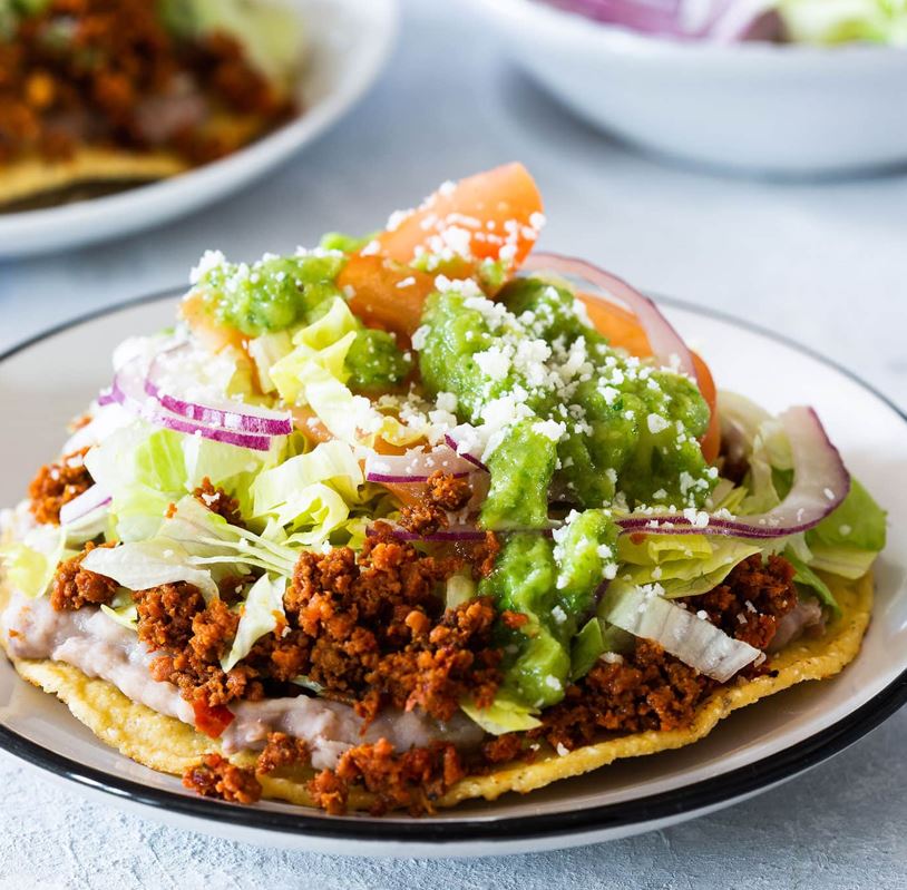 Order TOSTADAS WITH MEAT - TOSTADAS CON CARNE food online from Kirk Tacos Fusion store, Brooklyn on bringmethat.com