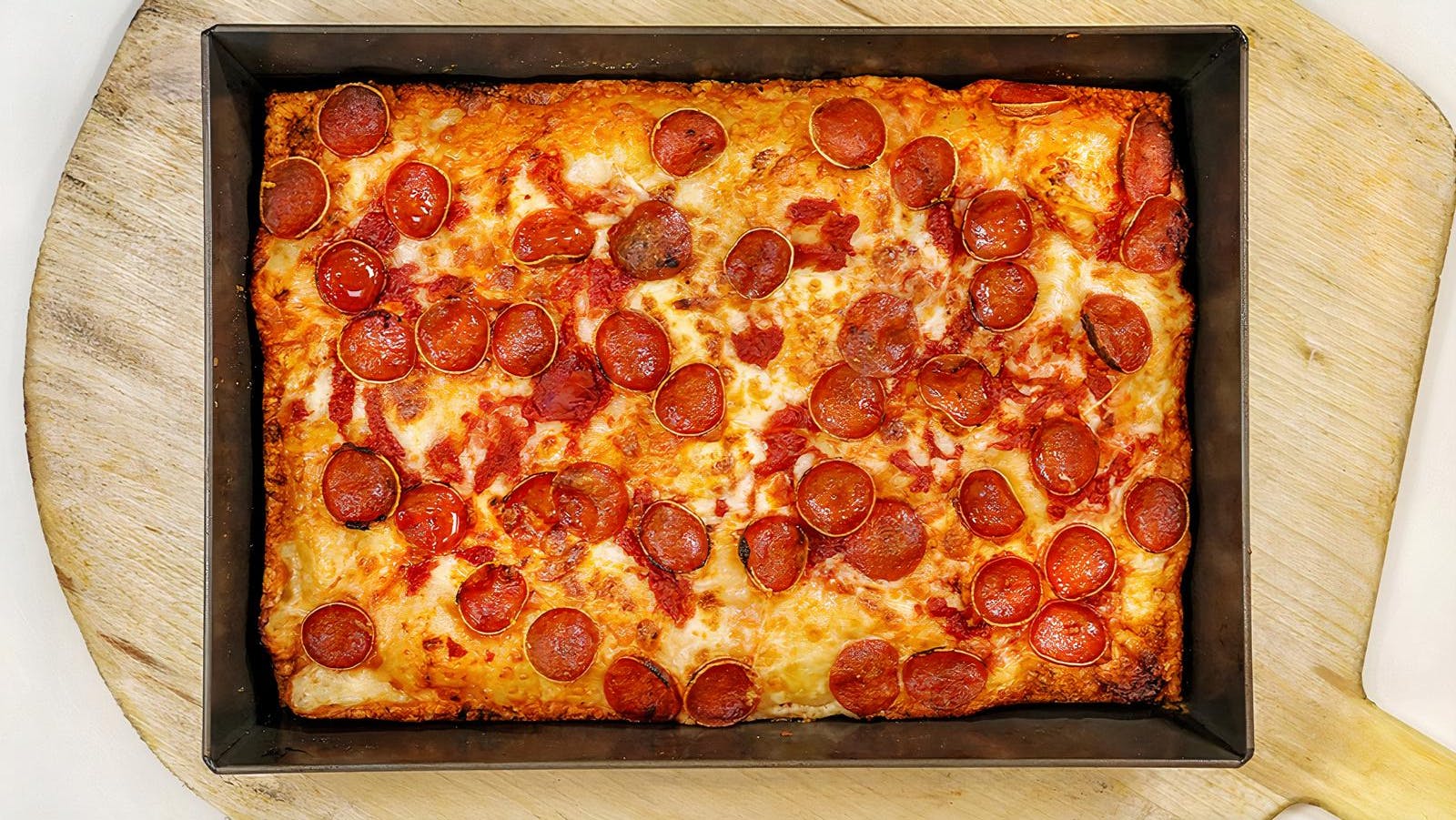 Order Pepperoni Sicilian Style Pizza - 10''x14'' food online from Breakfast Pizza store, San Francisco on bringmethat.com