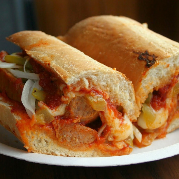 Order Sausage Parmigiana Sandwich food online from Little Slice of NY store, Camden on bringmethat.com