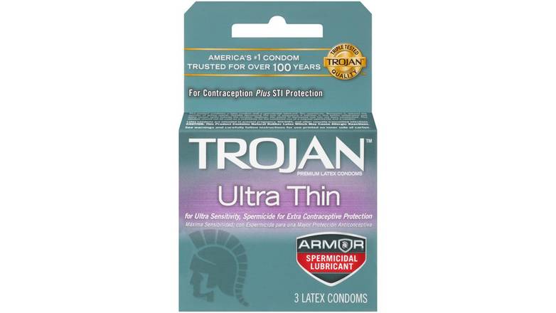 Order Trojan Ultra Thin Armor Spermicidal Condoms -3 Count food online from Route 7 Food Mart store, Norwalk on bringmethat.com