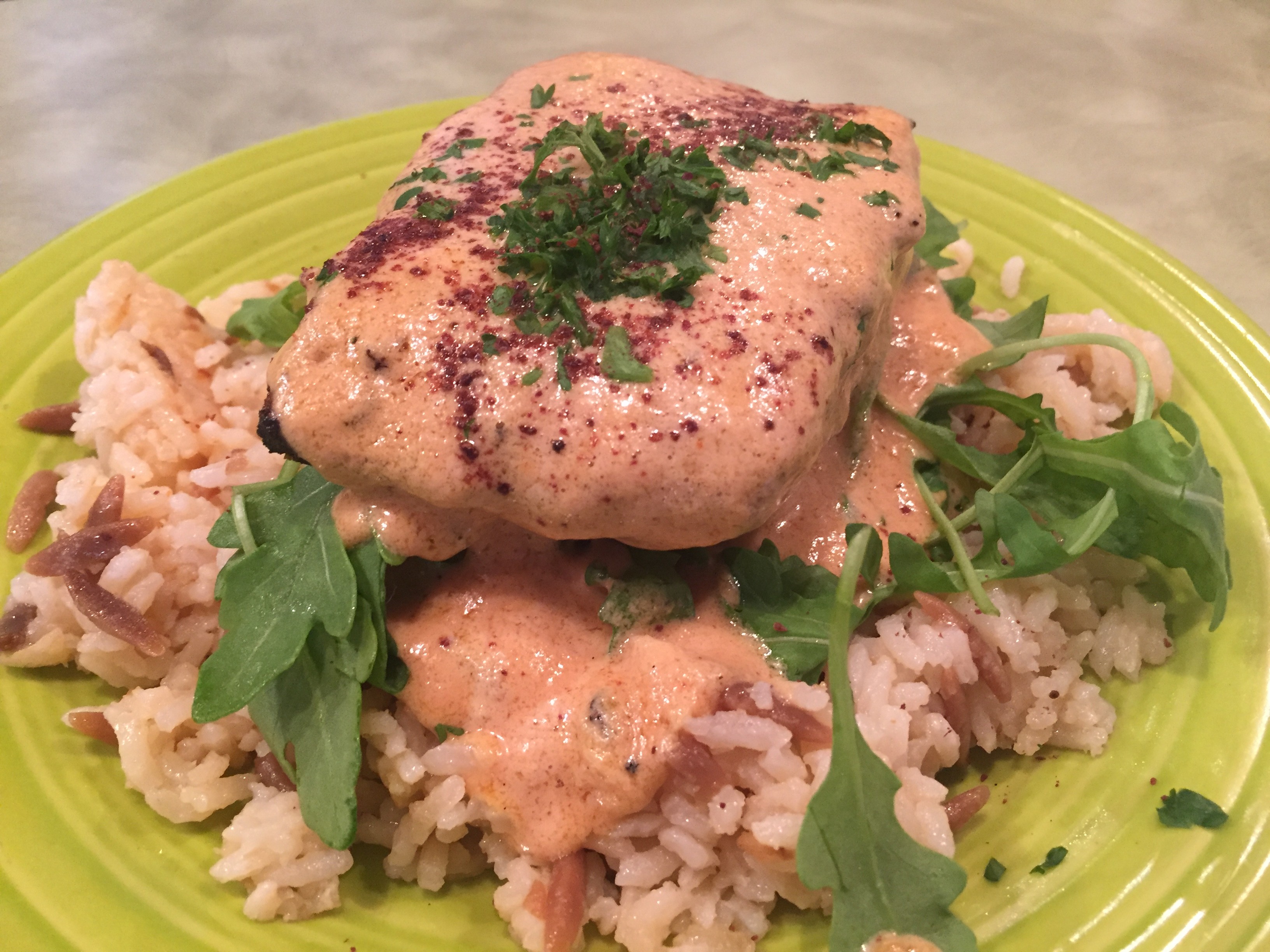 Order Salmon Charmoula Over Rice food online from Baba Mediterranean Kitchen store, Baltimore on bringmethat.com
